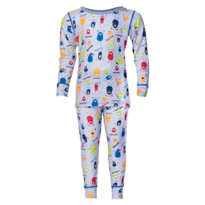 Hot Chillys long sleeve thermal set for toddlers with colorful monster print on white background