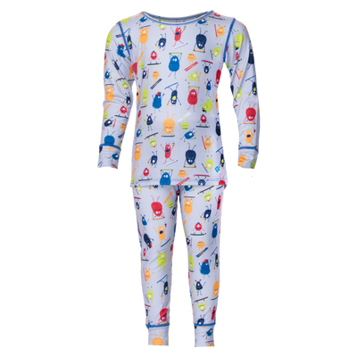 Hot Chillys long sleeve thermal set for toddlers with colorful monster print on white background