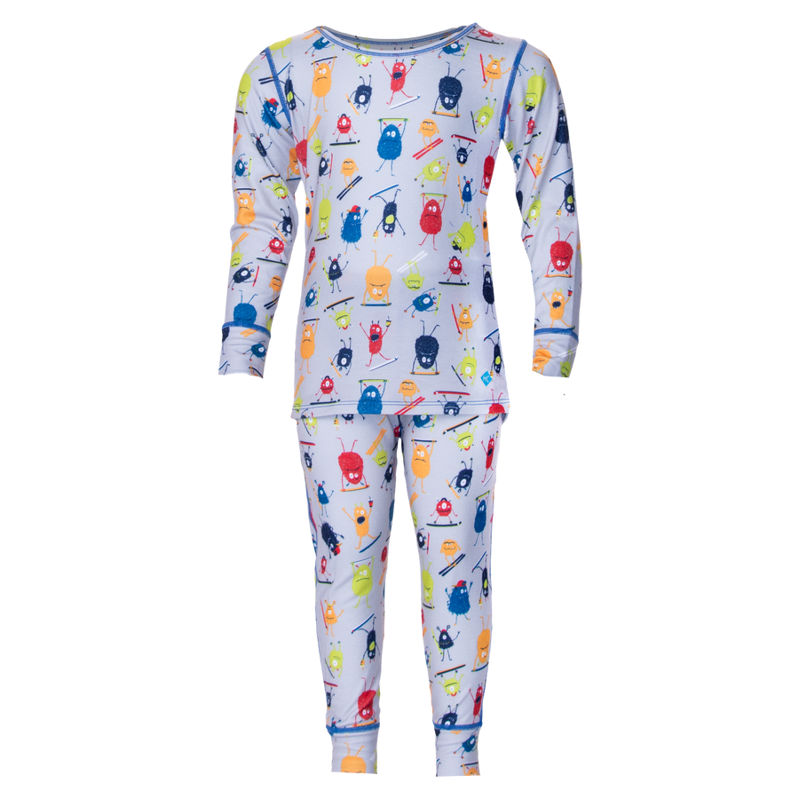 Hot Chillys long sleeve thermal set for toddlers with colorful monster print on white background