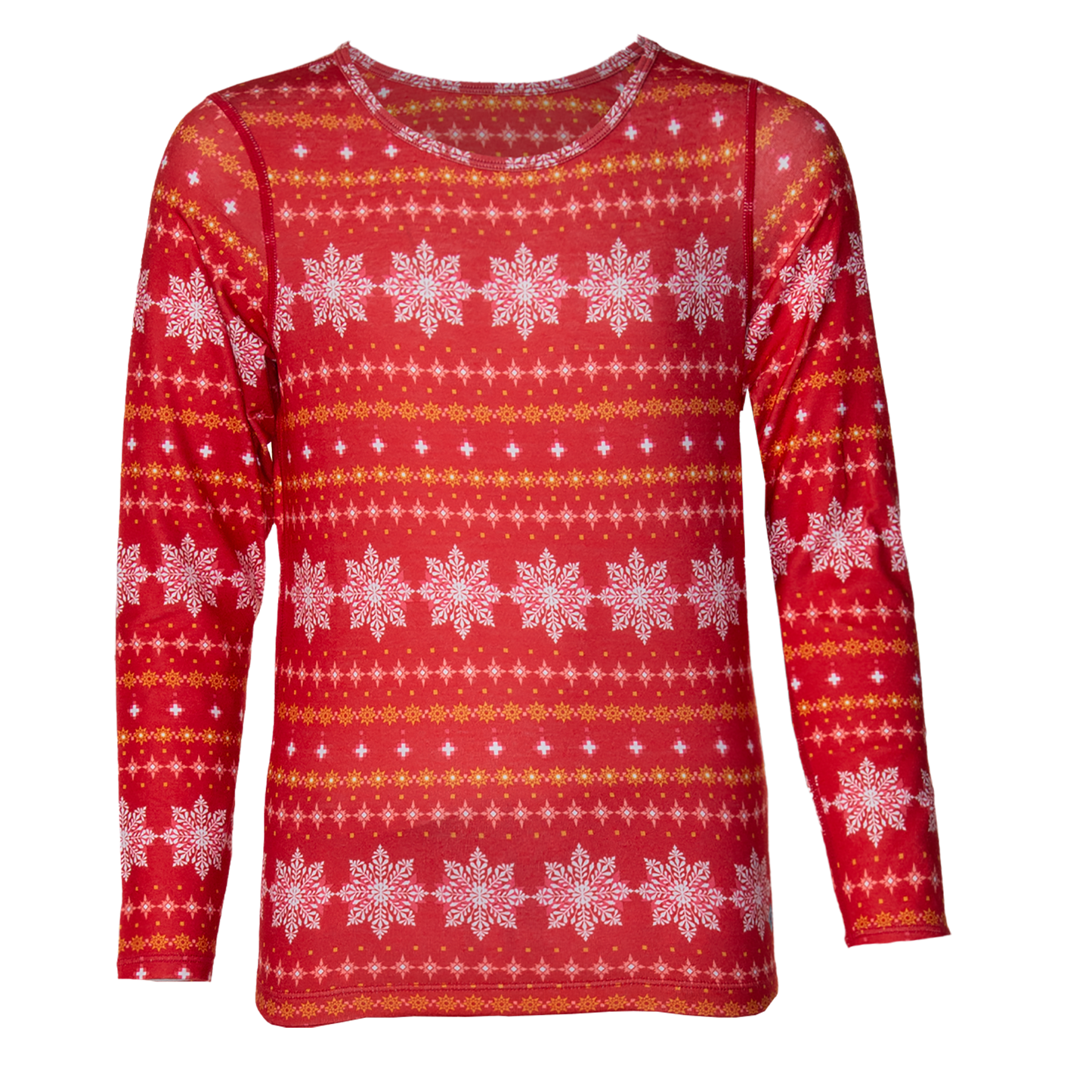 Hot Chillys red crewneck long sleeve thermal shirt for kids with white snowflake pattern