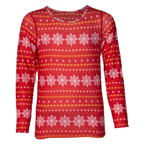 Hot Chillys red crewneck long sleeve thermal shirt for kids with white snowflake pattern