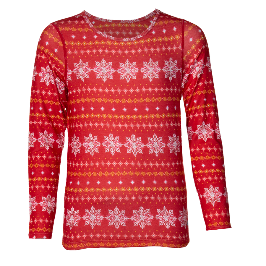 Hot Chillys red crewneck long sleeve thermal shirt for kids with white snowflake pattern