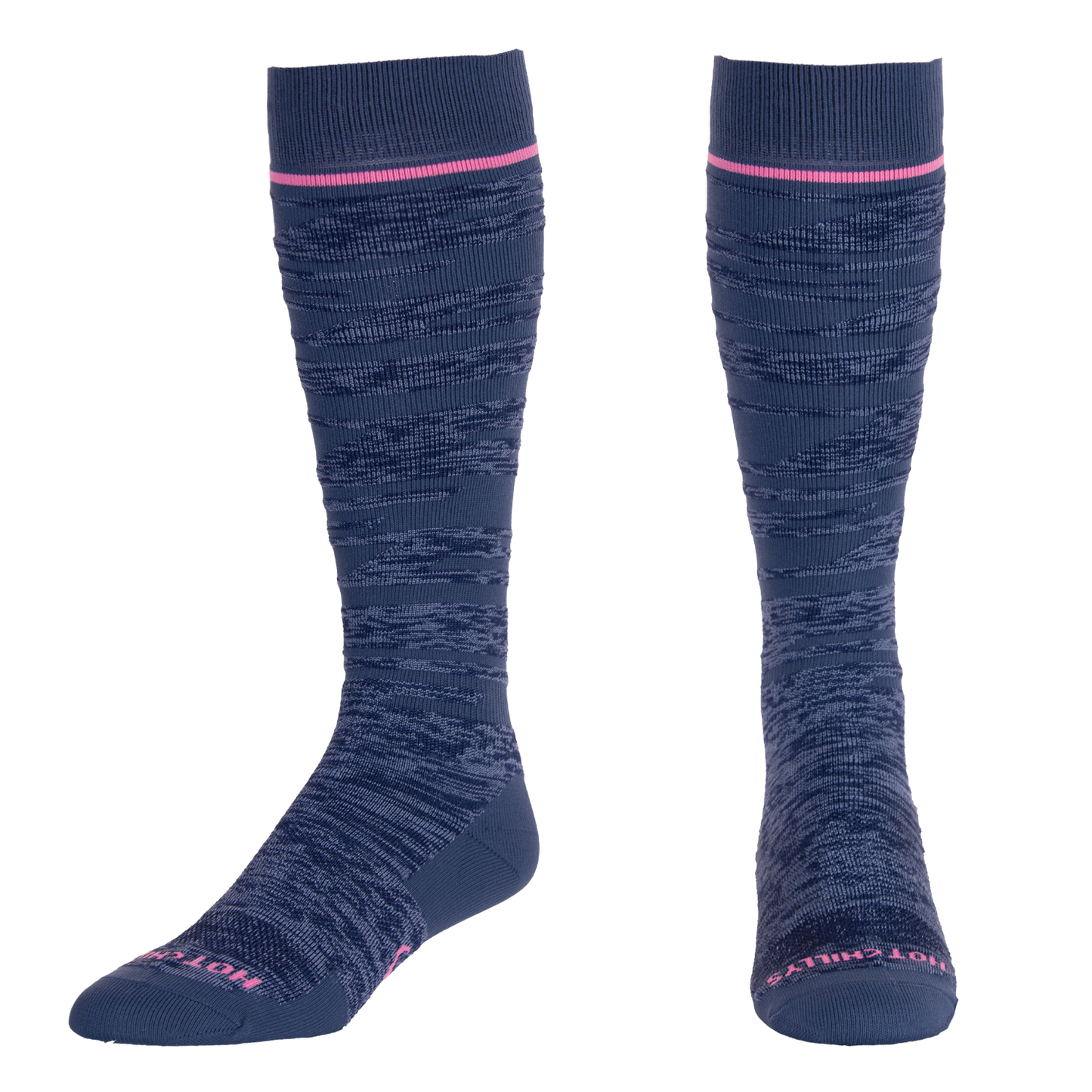 Hot Chillys volume winter socks for adults in navy blue with pink accents and textured knit design