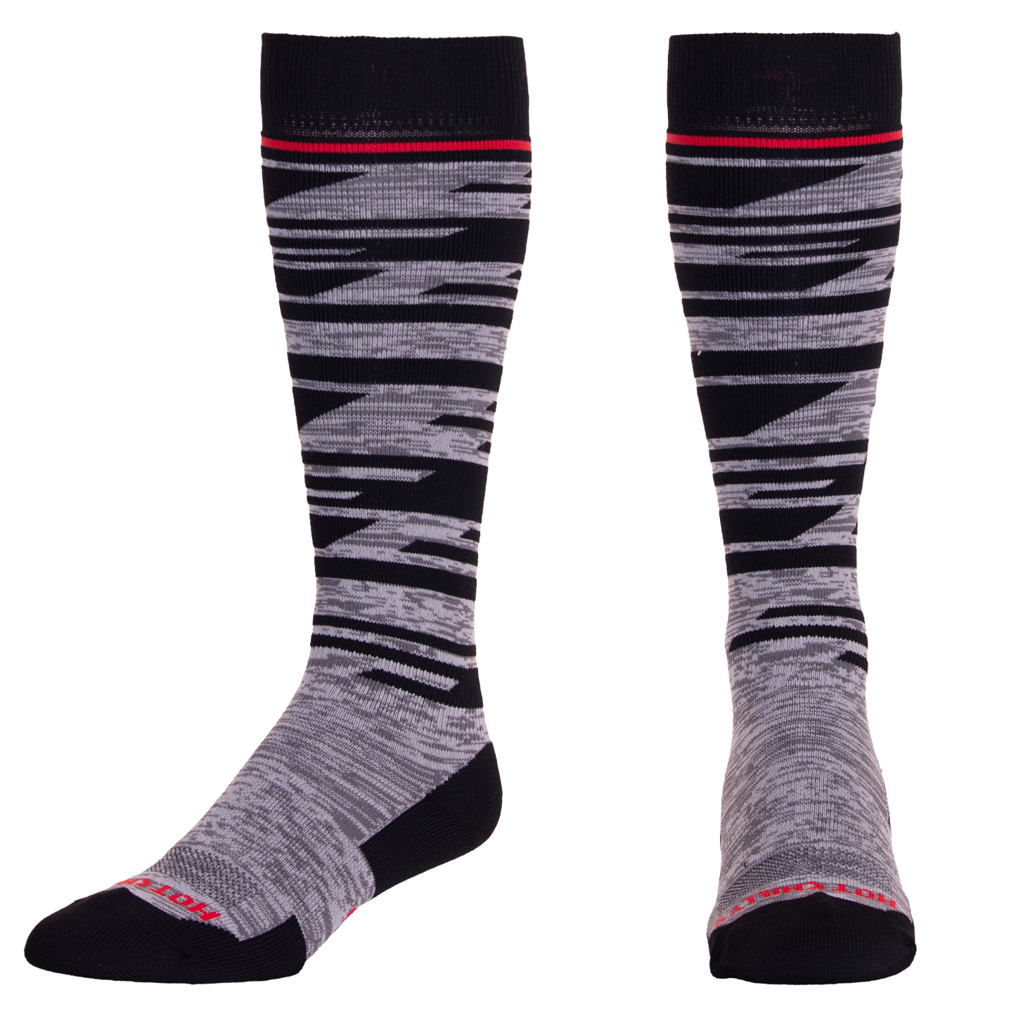 Hot Chillys men's thermal ski socks in black and gray with red accents and patterned design