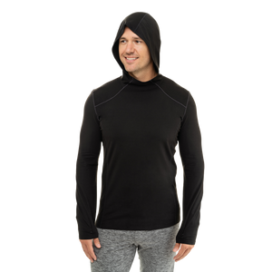 Hot Chillys men's winter thermal hoodie in black with hood and long sleeves for cold weather