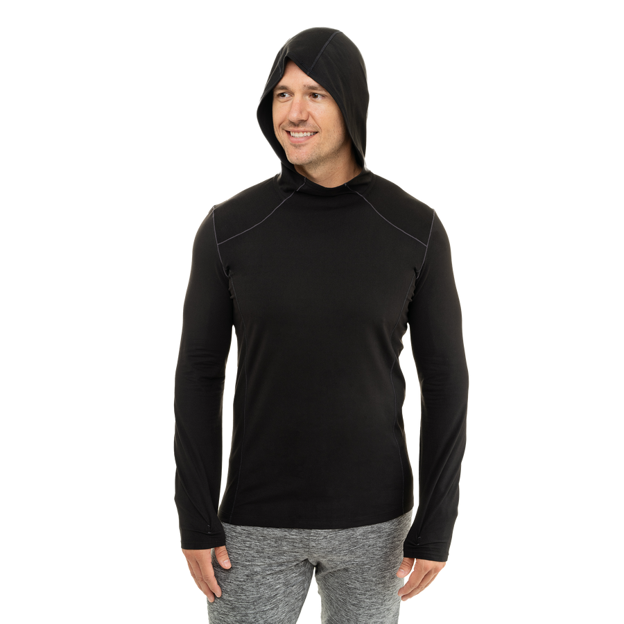Hot Chillys men's winter thermal hoodie in black with hood and long sleeves for cold weather