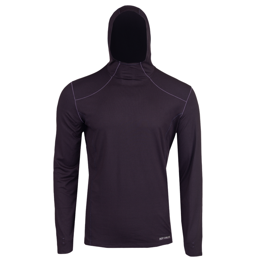 Hot Chillys men's winter thermal hoodie in black with long sleeves and fitted hood