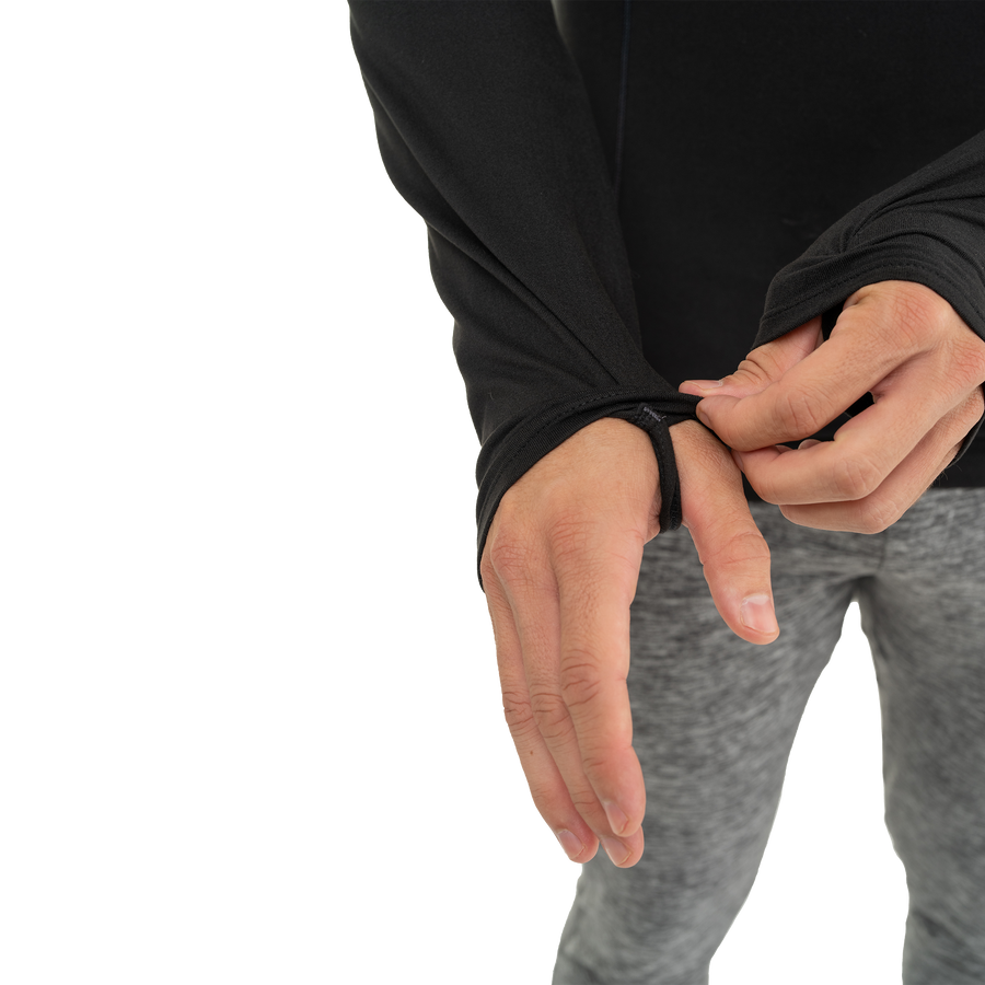 Hot Chillys men's winter thermal hoodie black with thumb hole cuff detail on sleeve