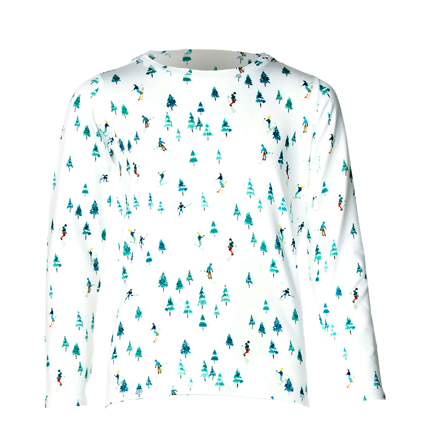 Hot Chillys white crewneck with colorful ski and tree print micro-elite chamois crew youth
