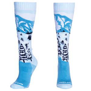 Hot Chillys mid volume cold weather socks with mountain and skier design in blue and white