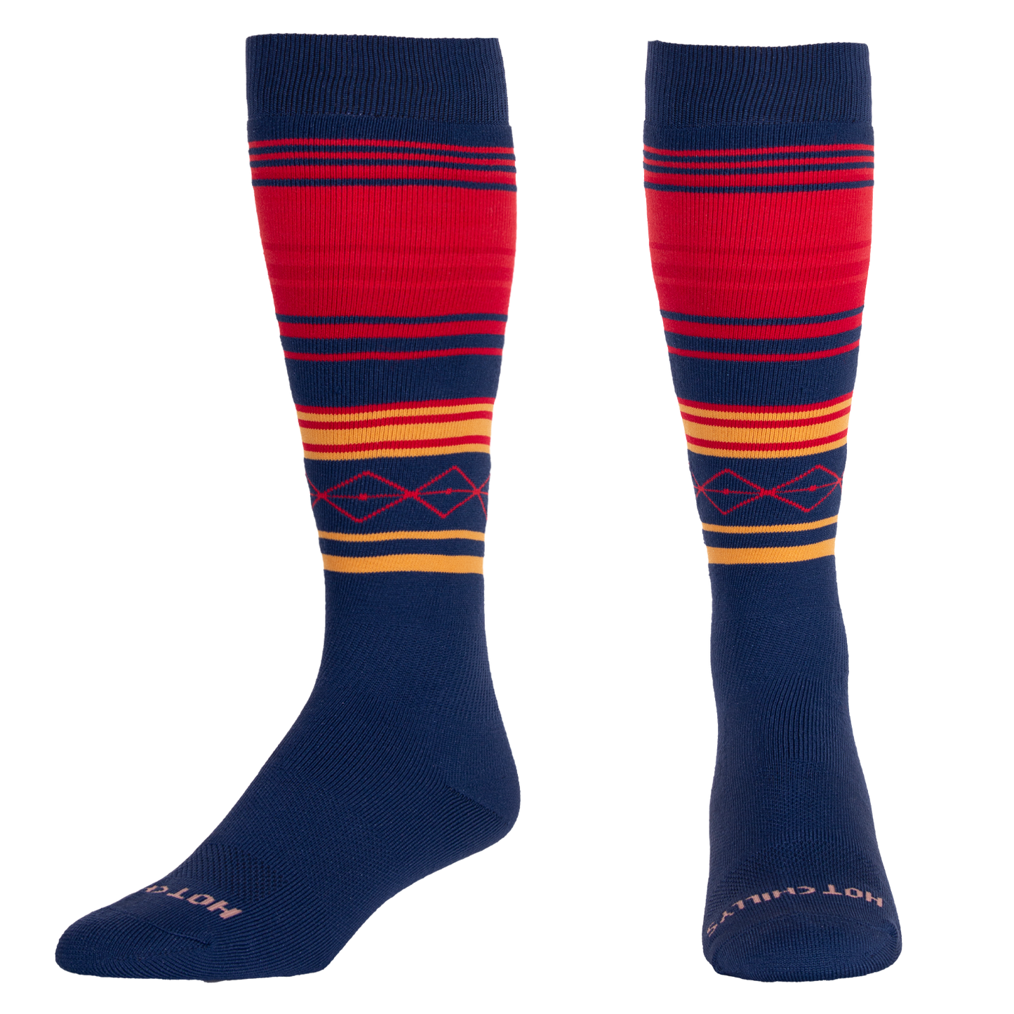 Pair of navy and red striped socks with geometric pattern on a blue background