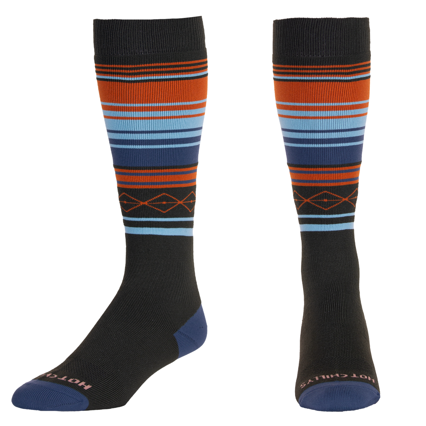 Hot Chillys moisture wicking base layer socks with orange, blue, and black striped design