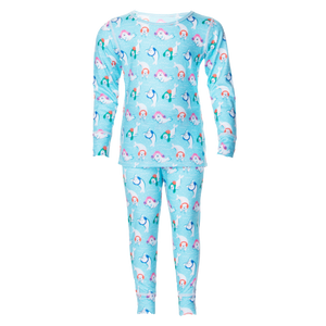 Hot Chillys toddler thermal base layer set with long sleeves and pants in light blue with colorful character prints