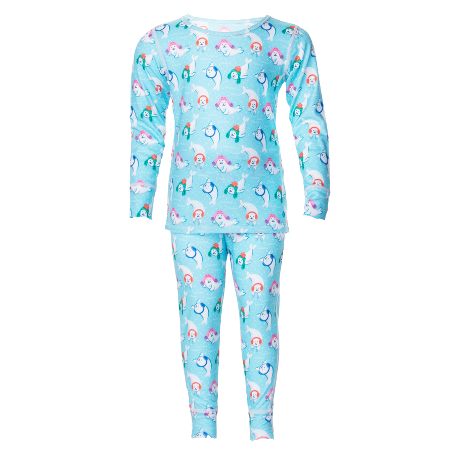 Hot Chillys toddler thermal base layer set with long sleeves and pants in light blue with colorful character prints
