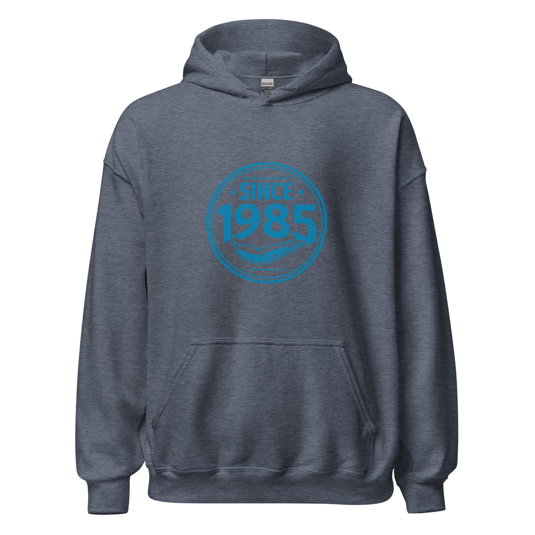 Hot Chillys 1985 Circle Logo Unisex Hoodie#color_heather-navy
