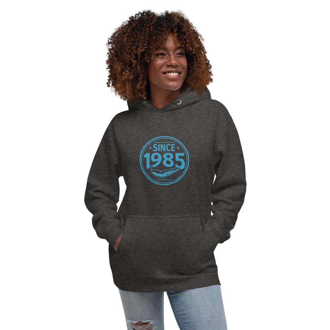 Hot Chillys 1985 Circle Logo Unisex Hoodie#color_charcoal-heather