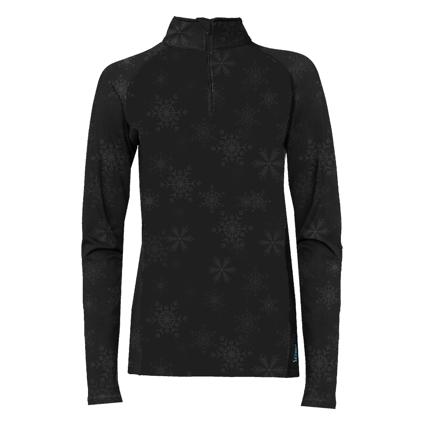 Hot Chillys women's performance base layer top in black with subtle snowflake pattern and quarter zip collar