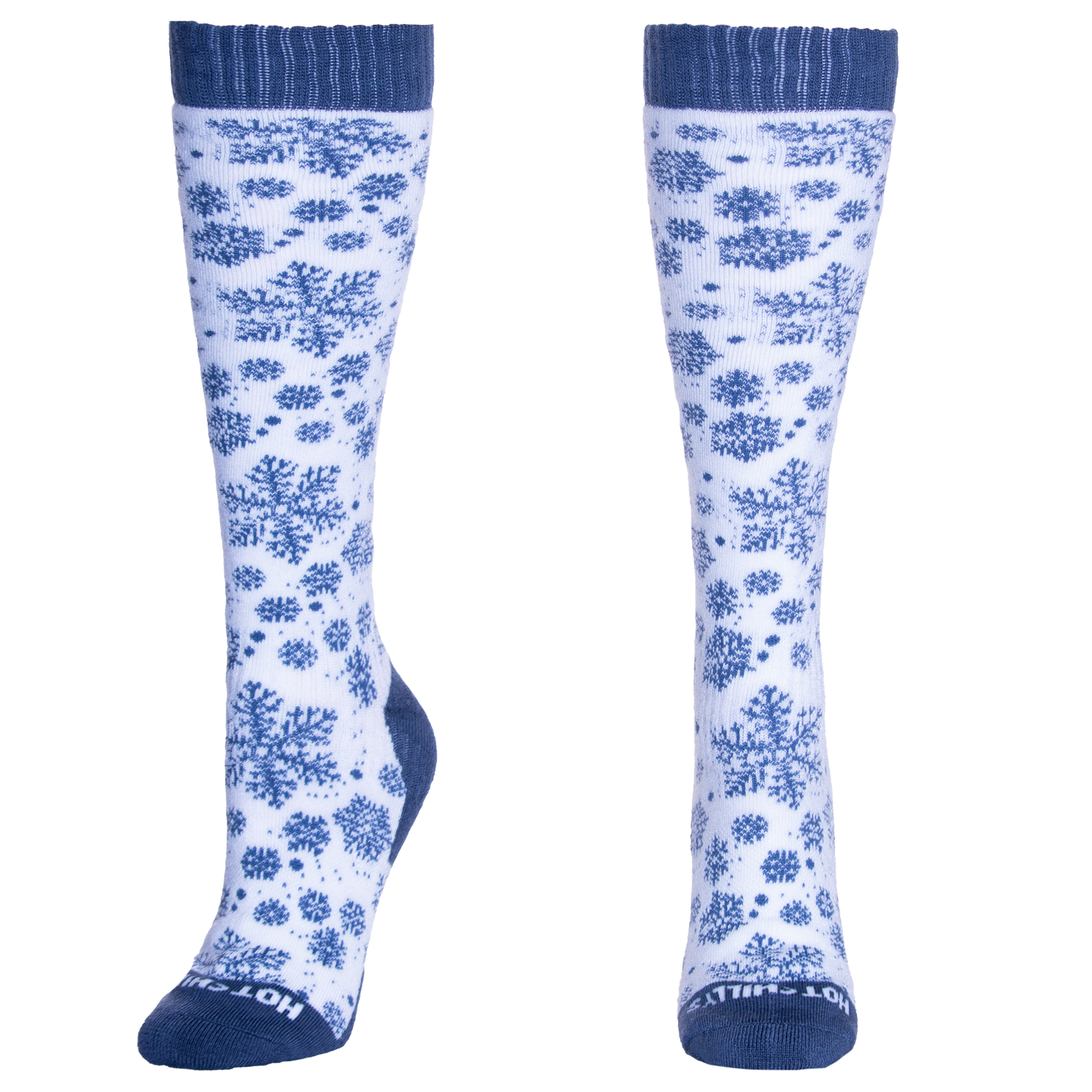Hot Chillys women's thermal ski socks with blue snowflake pattern and navy cuffs
