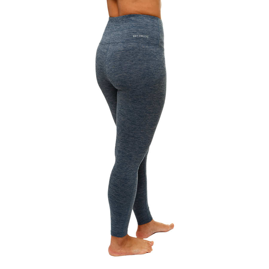 Hot Chillys women's thermal tights in gray heather fabric shown from the back view