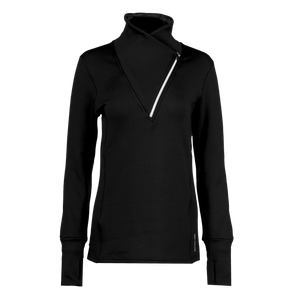 Hot Chillys women's thermal zip pullover in black with asymmetrical zipper and long sleeves