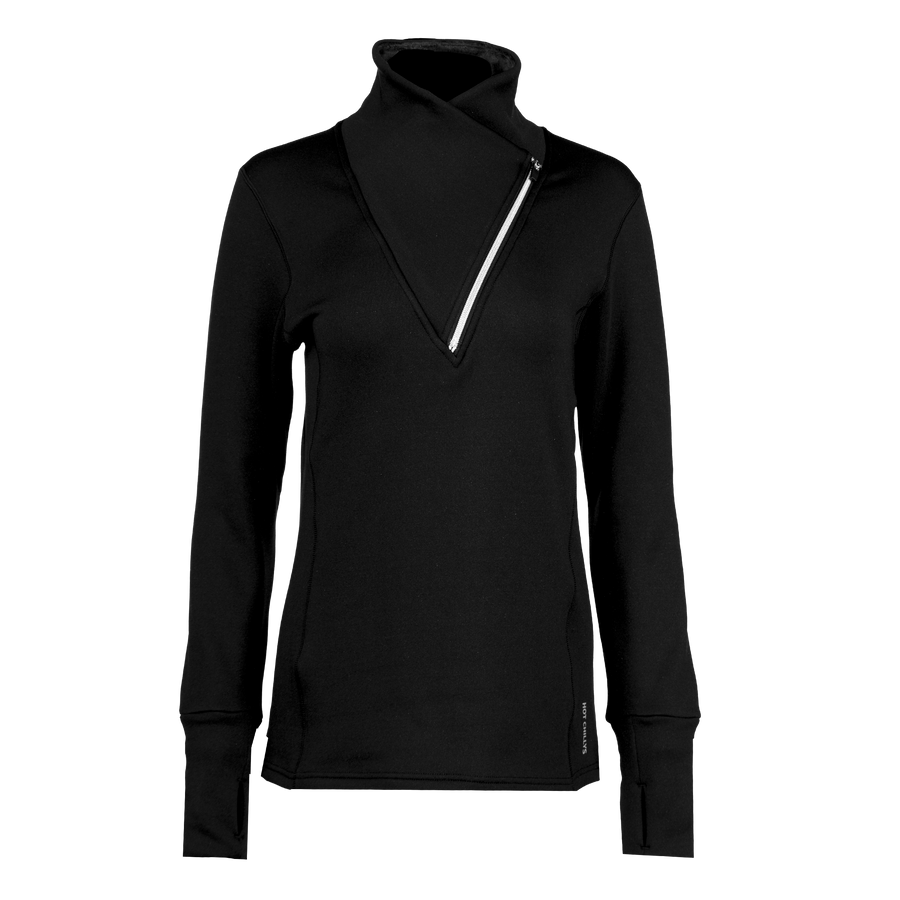 Hot Chillys women's thermal zip pullover in black with asymmetrical zipper and long sleeves