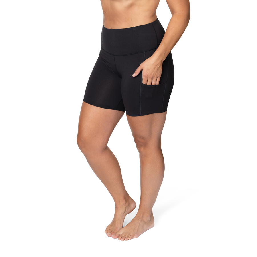Hot Chillys women's winter athletic shorts in black with side pocket and high waistband