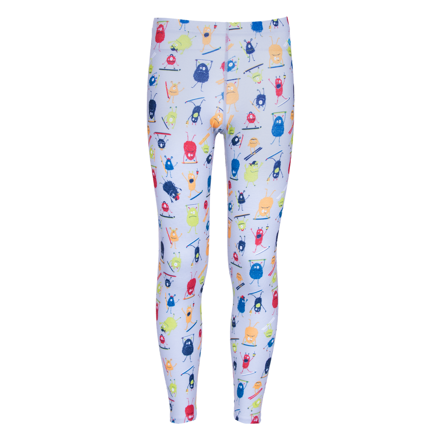 Hot Chillys youth base layer tights with colorful monster print on white background
