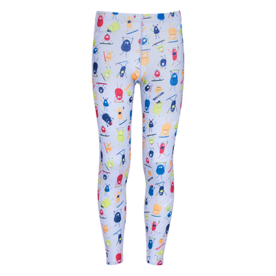 Hot Chillys youth base layer tights with colorful monster print on white background