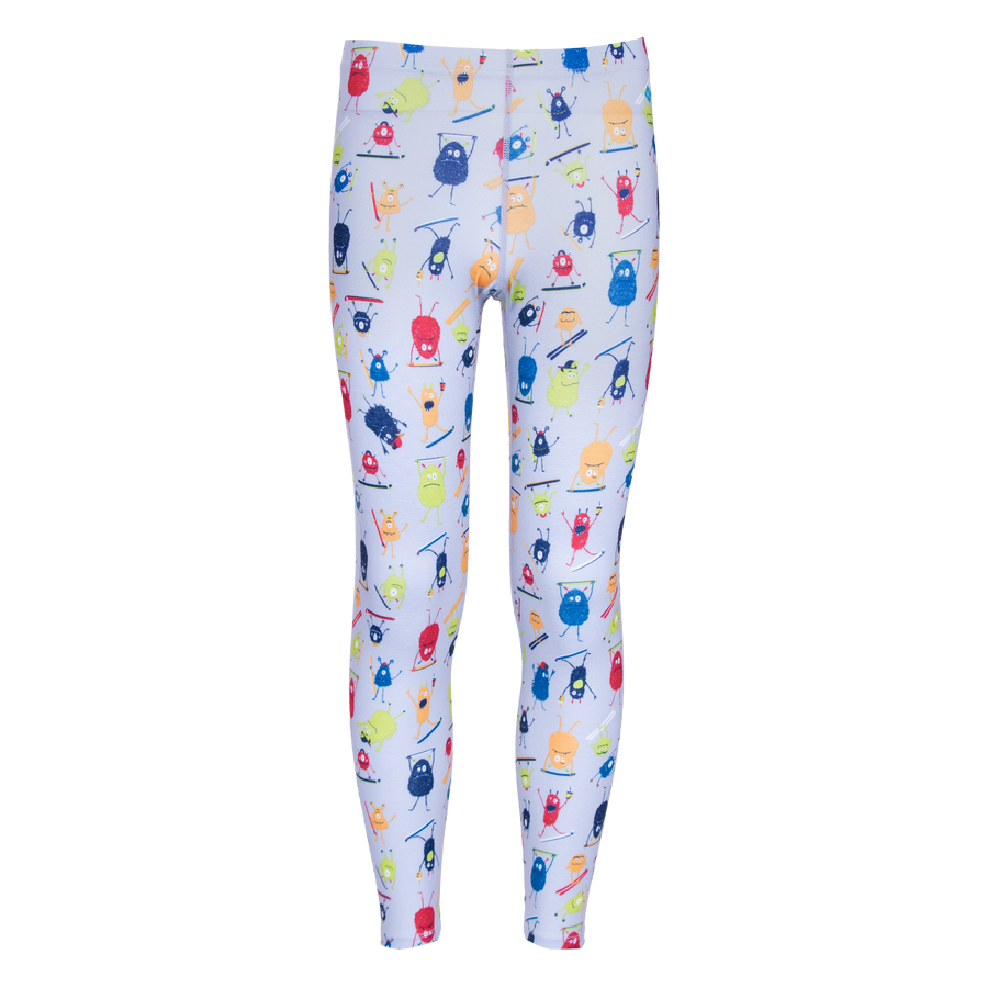 Hot Chillys youth base layer tights with colorful monster print on white background