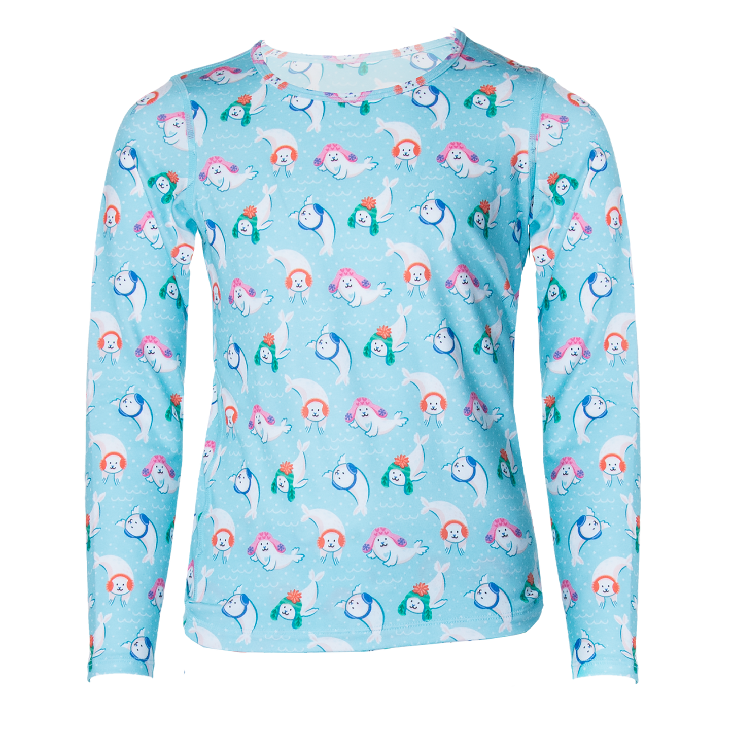 Hot Chillys youth cold weather thermal shirt crewneck with colorful seal pattern