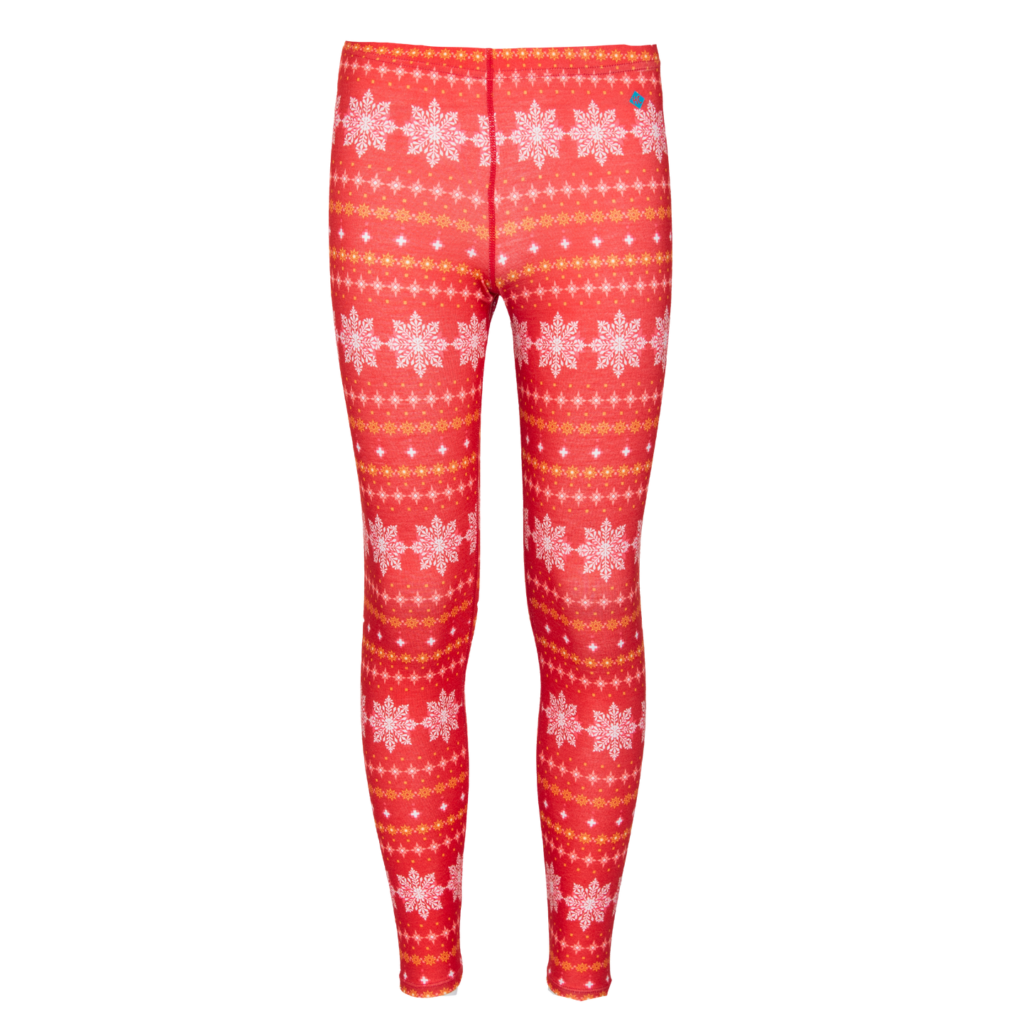 Hot Chillys youth winter base layer tights in red with white snowflake pattern for cold weather