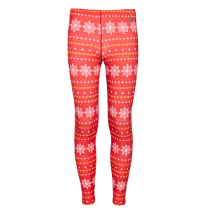 Hot Chillys youth winter base layer tights in red with white snowflake pattern for cold weather