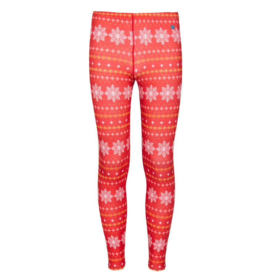 Hot Chillys youth winter base layer tights in red with white snowflake pattern for cold weather