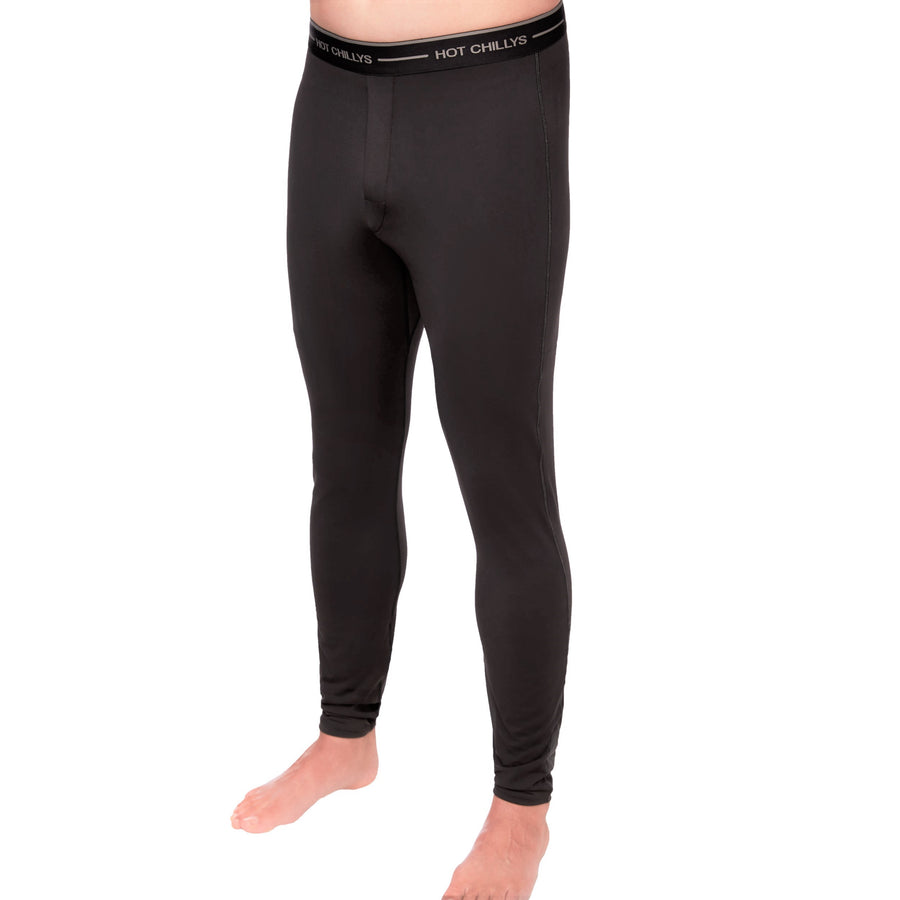 Hot Chillys men's thermal base layer pants in black with elastic waistband for insulation and comfort